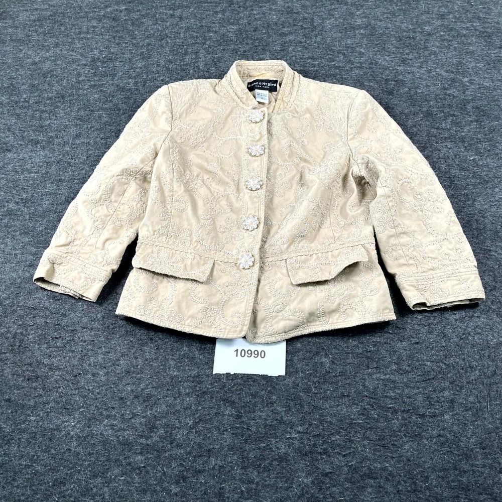 Bianca Nygard Jacket Womens 8 Beige Cotton Embroidered Floral Button Front